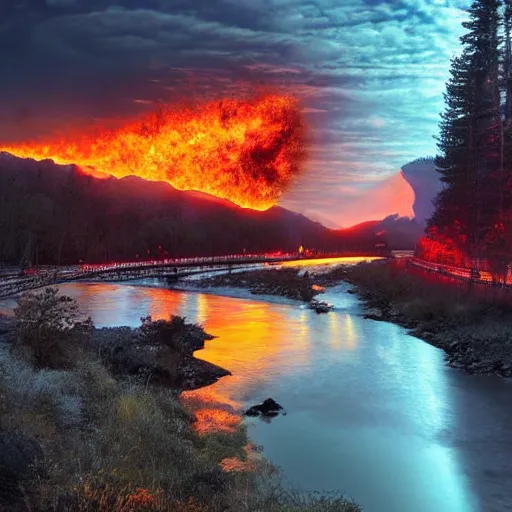 Image similar to a river runs here, a fiery river, from east to west, from west to north. over that river the fiery river drives the light. cinvat bridge of separation. light transports souls. award - winning, very trending, esoteric art, 2 k, 4 k, ue 5