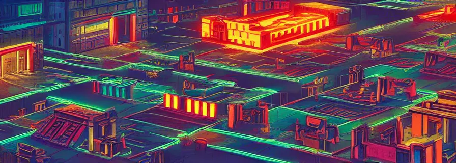 Image similar to ancient aztec city in cyberpunk style with neon billboards and flying cars, light shapes, high details