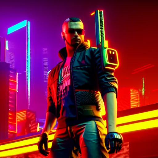 Prompt: Cyberpunk 2077 V, 3d render, realistic, dark mood, neon lighting, very detailed