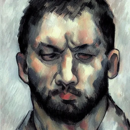 Image similar to A sad, melancholic, expressionless face that is trying to hold in anger, male face, tears, dark aesthetic, can\'t escape the sad expression, digital, realistic eyes, trending on artstation, art by Paul Cezanne