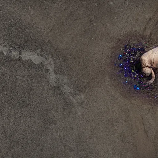 Prompt: overhead view of iridiscent oil slick with a woman's corpse connected by a transparent pipe to a baby buried under oil slick, faded, depth of field, ultra realistic, very detailed, glitch, by nadav kander, 8 k hyper realistic detailed cinematic