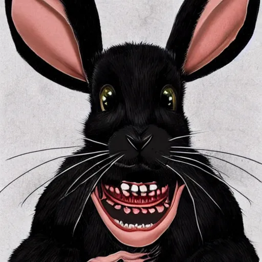 Image similar to A extremely highly detailed majestic hi-res beautiful, highly detailed head and shoulders portrait of a scary terrifying, horrifying, creepy black cartoon rabbit with scary big eyes, earing a shirt laughing, let's be friends, in the style of Walt Disney