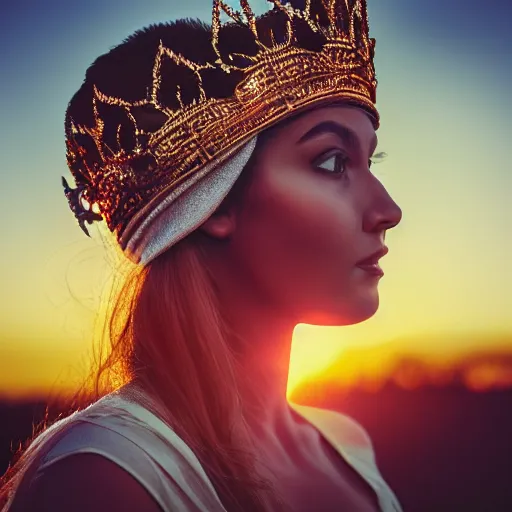 Prompt: an aesthetic beautiful female goddess wearing a crown in a relaxed pose head shot, sunset lighting