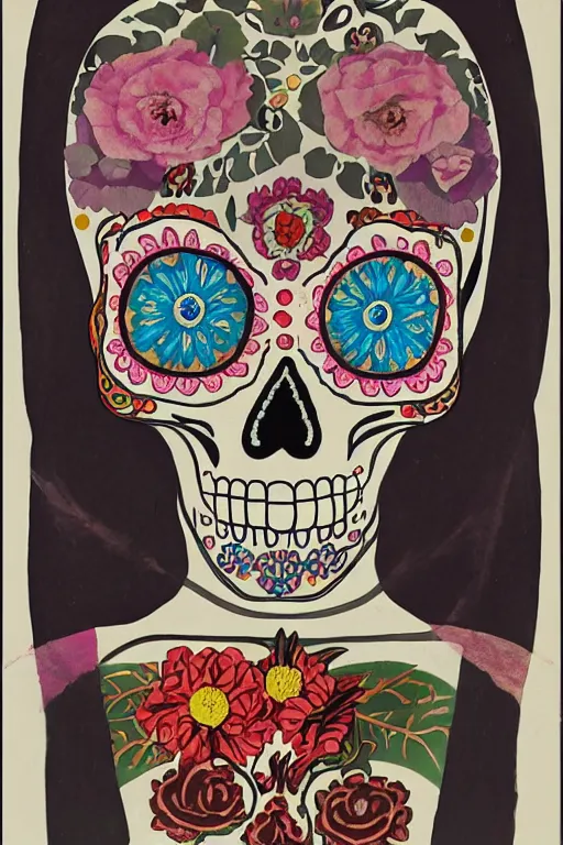 Image similar to illustration of a sugar skull day of the dead girl, art by hilma af klint