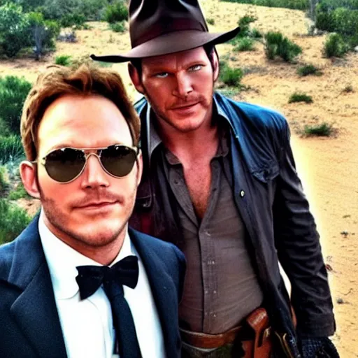 Image similar to chris pratt as indiana jones taking a selfie with an older harrison ford, instagram, cinematic