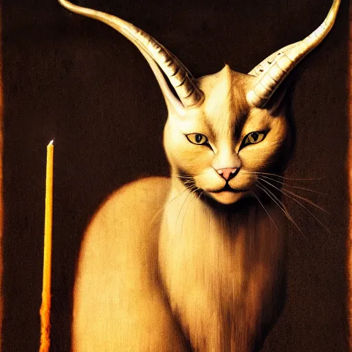 Image similar to a standing cat that has goat horns, anthropomorphic cat wearing dark robes, matte oil painting, by leonardo da vinci, eldritch, magical, fog, noble, full body portrait, extremely detailed, cult, ritual, 4 k, 8 k