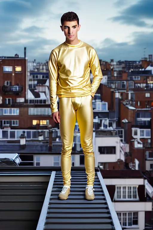 Image similar to un ultra high definition studio quality photographic art portrait of a young man standing on the rooftop of a british apartment building wearing soft padded silver pearlescent clothing. three point light. extremely detailed. golden ratio, ray tracing, volumetric light, shallow depth of field. set dressed.