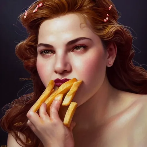 Image similar to portrait of James Gandolfini eating hamburgers, french fry background, extra onions and ketchup, luscious patty with sesame seeds, feminine ethereal, handsome, D&D, fantasy, intricate, elegant, highly detailed, digital painting, artstation, concept art, matte, sharp focus, illustration, art by Artgerm and Greg Rutkowski and Alphonse Mucha