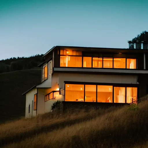 Image similar to very grainy photo of a house on a hill during dusk