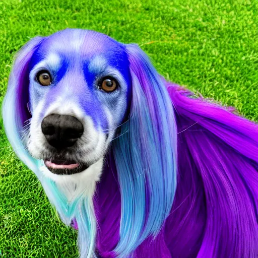 Image similar to purple dog with long blue hair