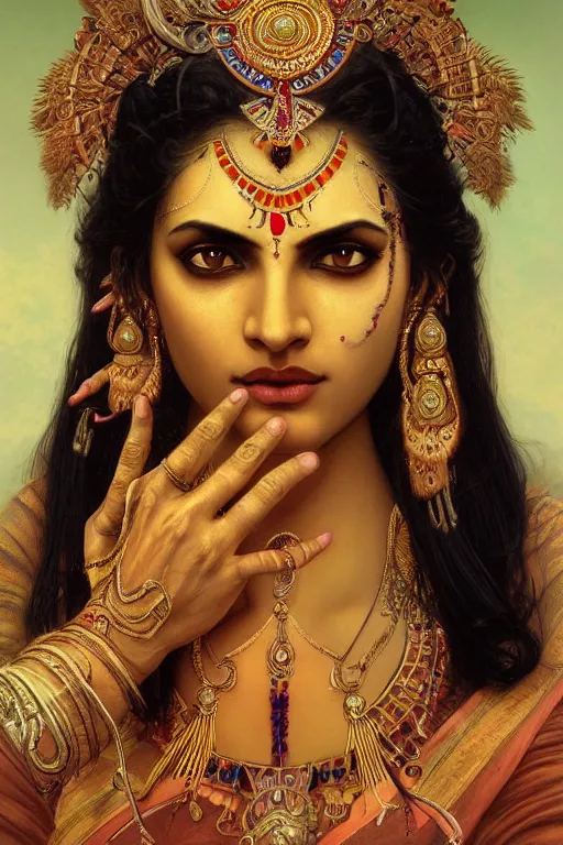 Image similar to Portrait of beautiful indian Kali goddess, cinematic lighting, intricate, elegant, highly detailed, digital painting, artstation, smooth, sharp focus, illustration, art by artgerm and greg rutkowski and zdislav beksinski and alphonse mucha and Wayne Barlowe and william-adolphe bouguereau