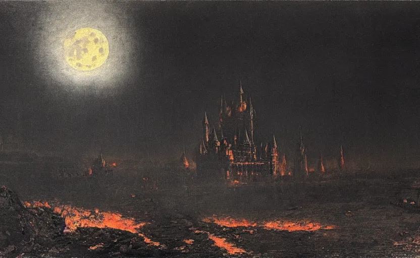 Prompt: a picture in high contrast by vasily vereshchagin of burning!!! gothic! castle in smoke on a hill, full moon in clouds, visual art, 8 k resolution, 3 d modelling, hard lighting