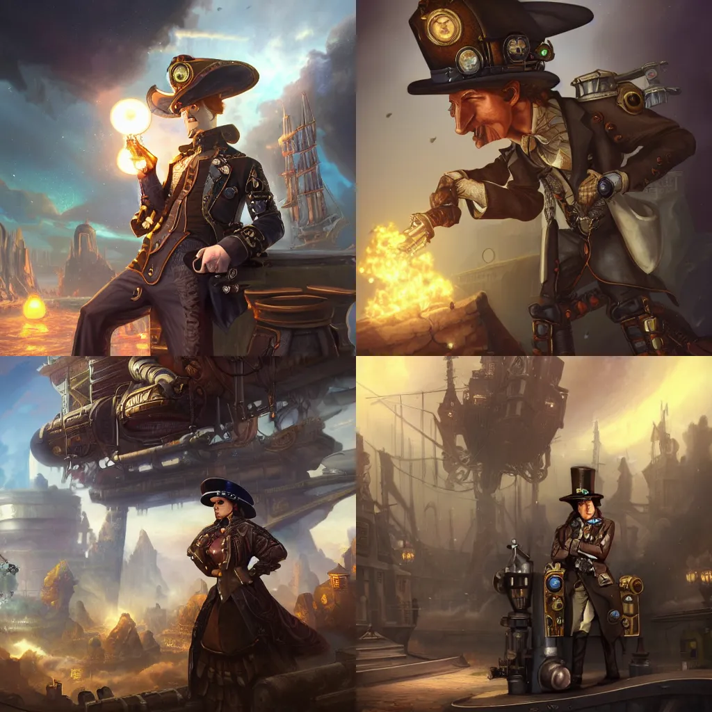 Prompt: a noble hero in front in hat and revolver, posing on steampunk spaceship on background, steam romance by tyler edlin and lindsey look, victorian, adventure, jonathan winterhart, detailed, 4k resolution, trending on artstation