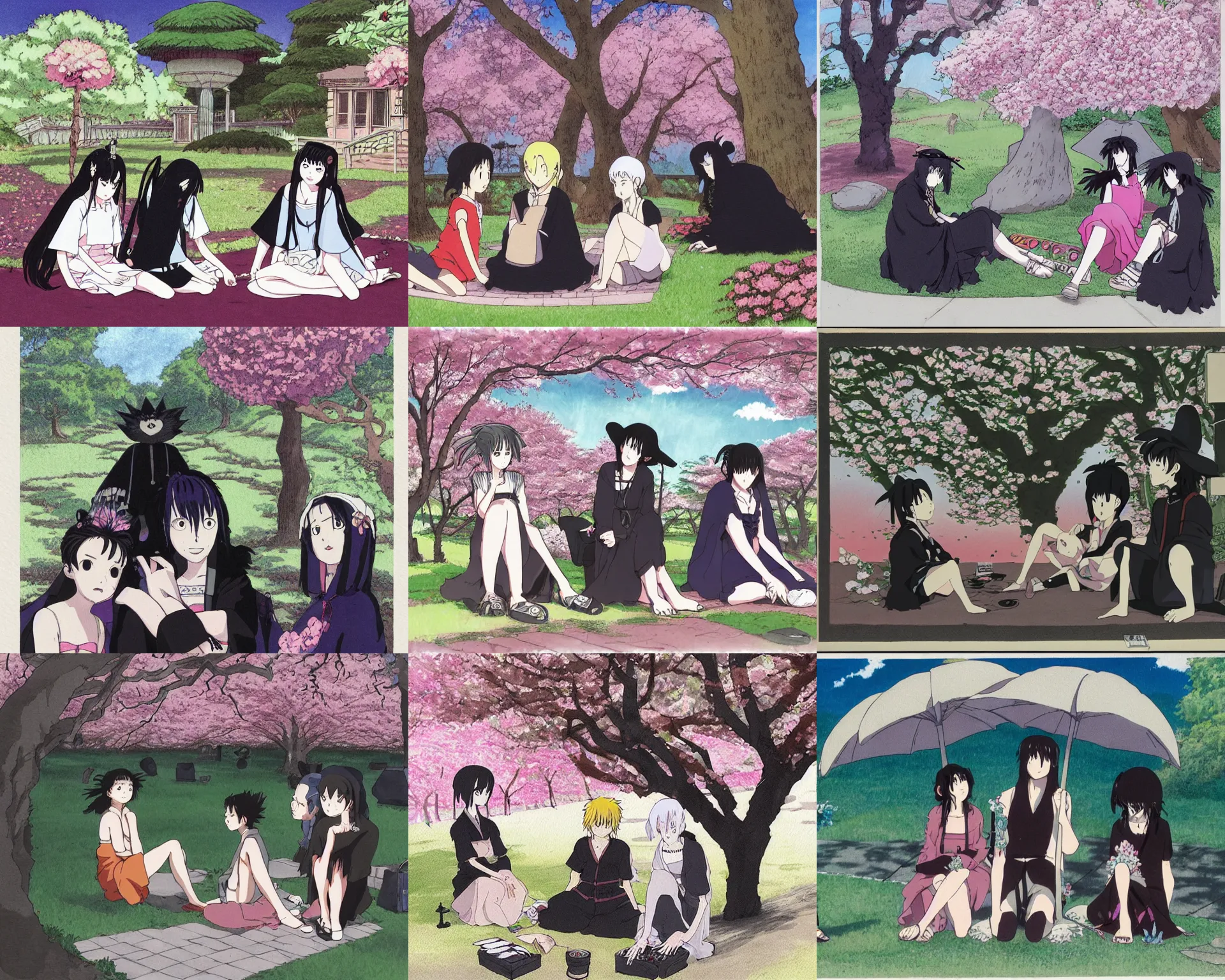 Prompt: art by studio ghibli. three goths loitering in the shade, talking beneath a cherry blossom outside a blockbuster video store.