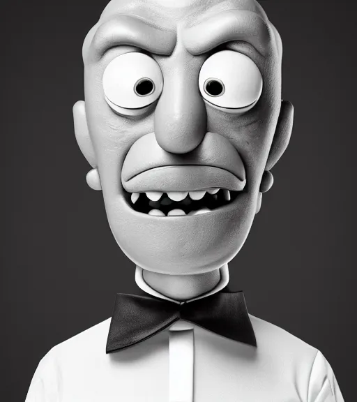 Image similar to professional photograph of a portrait of a human Mr. Meeseks from Rick and Morty, black and white, studio lighting, highly detailed render