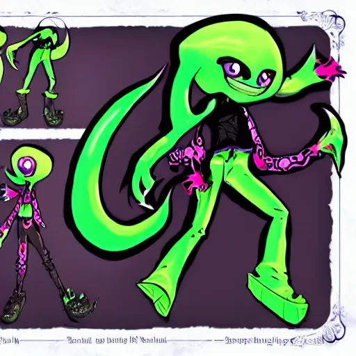 Prompt: official character sheets for a new vampire squid character, artwork in the style of splatoon from nintendo, colors by tim schafers black velvetopia art for psychonauts from double fine studios, black light rave, bright neon colors, spray paint, punk, tall thin build, adult character, fully clothed, colorful