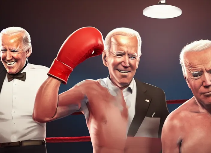 Image similar to a beautiful painting of donald trump and joe biden in a boxing match, cinematic angle, studio lighting, movie concept, trending on artstation, octane render, 8 k, ultra high detail