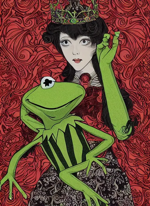 Prompt: behold the kermit the frog queen, digital illustration in a mixed style of serhiy krykun and ken taylor and takato yamamoto, inspired by gothic paintings and shoujo manga, surrounded by a torchlit cavern landscape, hyper detailed, stunning inking lines, flat colors, 4 k, hd, award winning, photorealistic