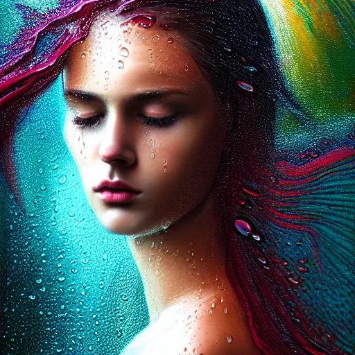 Prompt: dramatic asthetic portrait of revelation in uniquely colored rain with wet hair and face, liquid drops, epiphany, bliss, fantasy, intricate, elegant, dramatic lighting, highly detailed, lifelike, photorealistic, digital painting, artstation, concept art, smooth, sharp focus, illustration, art by John Collier and Albert Aublet and Krenz Cushart and Artem Demura and Alphonse Mucha