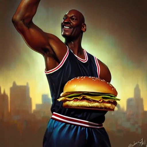 Prompt: Michael Jordan dunking a big mac hamburger, eating burgers, dripping BBQ Sauce, serving burgers, hospital room, intricate, elegant, highly detailed, digital painting, artstation, concept art, matte, sharp focus, illustration, art by Artgerm and Greg Rutkowski and Alphonse Mucha