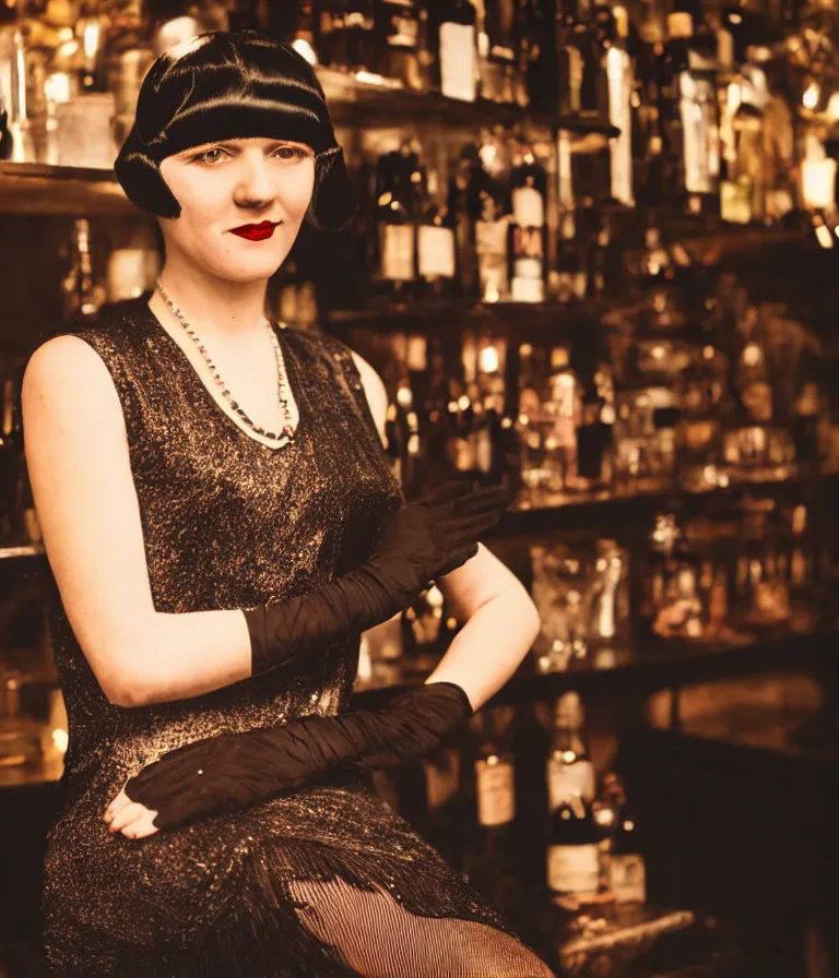 Prompt: antique colored shot of a 1 9 2 0 s short - haired flapper woman in black satin gloves looking and smirking at the camera, at a party in a dimly lit speakeasy bar, jazz age, cohesive, 5 0 mm photography, precise, art deco, cinematic, low - lighting, photography