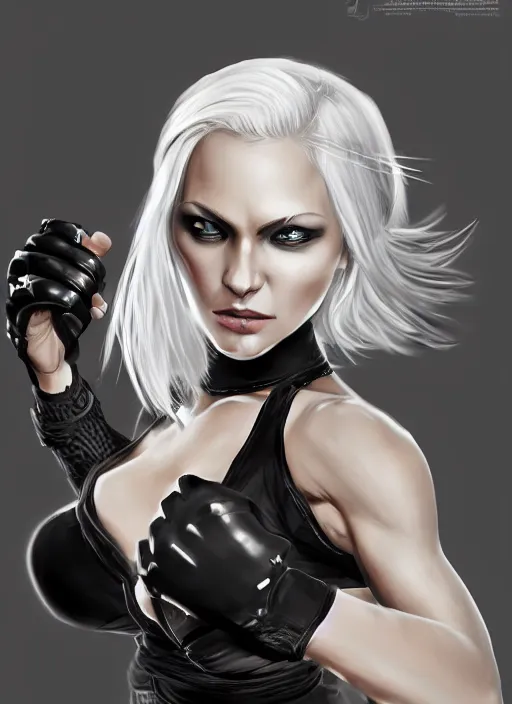 Prompt: a highly detailed illustration of short haired platinum blonde woman wearing black mma bra and gloves, dramatic fight pose, muscular, intricate, elegant, highly detailed, centered, digital painting, artstation, concept art, smooth, sharp focus, league of legends concept art, WLOP
