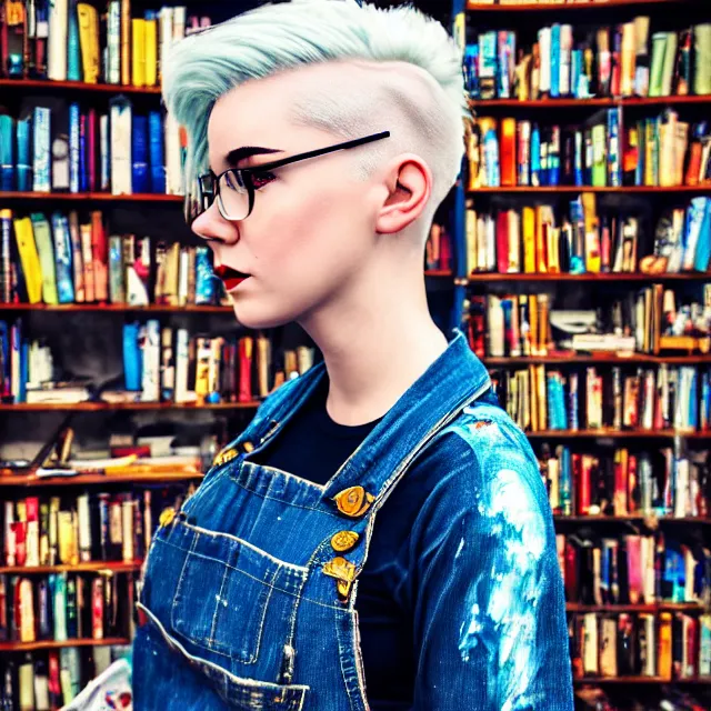 Image similar to full body pose, beautiful adult book fairy, pixar, short white hair shaved sides, dirty, grungy, grunge, long sleeve, painted overalls, stacks of giant books, highly detailed, 4 k, hdr, smooth, sharp focus, high resolution, award - winning photo, artgerm, photorealistic