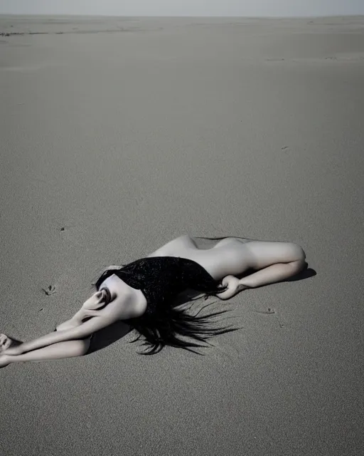 Image similar to olivia laying in the desert sand, wearing a sun dress, harsh shadows, bright lighting, black hair, freckles, pale skin, photo by greg rutkowski, female beauty, intricate detail, elegance, sharp shapes, masterpiece