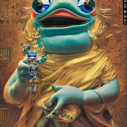 Image similar to plasticine wet shiny angels, crystal, moonlit, mirrors, camera angled dramatically, realistic, a hyperdetailed design of pepe the frog, wearing blue shirt, ferocious, chinese mythology, victo nga, fumo yoshitoshi, ren jing jeong, feifei ruan, peter mohrbacher, takato yamamoto