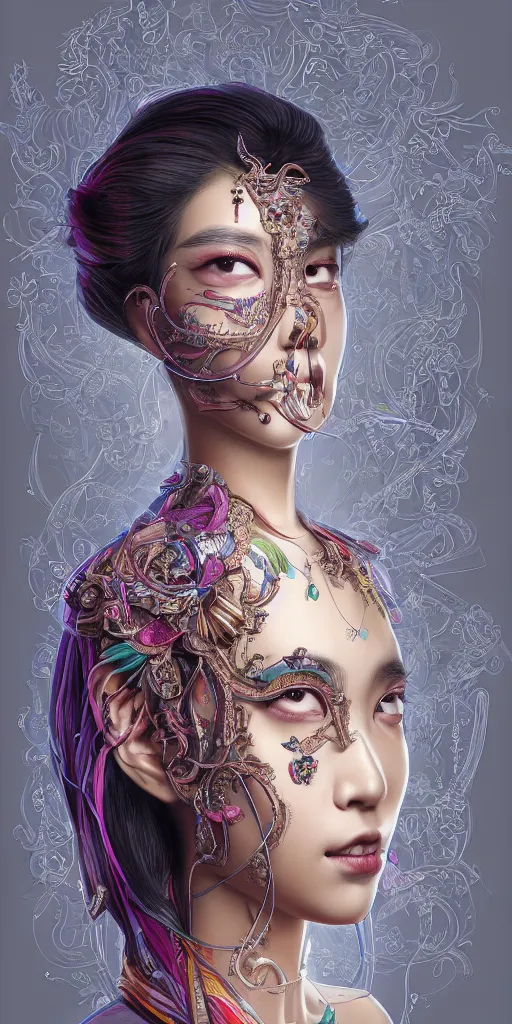 Prompt: the portrait of an absurdly beautiful, graceful, elegant, sophisticated, fashionable young asian girl with third eye in the middle of her forehead, an ultrafine hyperdetailed illustration by kim jung gi, irakli nadar, intricate linework, bright colors, final fantasy, unreal engine 5 highly rendered, global illumination, radiant light, detailed and intricate environment tubes and cables