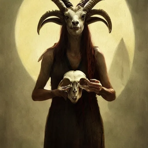 Image similar to woman with goat horns holding an animal skull, style of da vinci, horror, fantasy illustration, by greg rutkowski