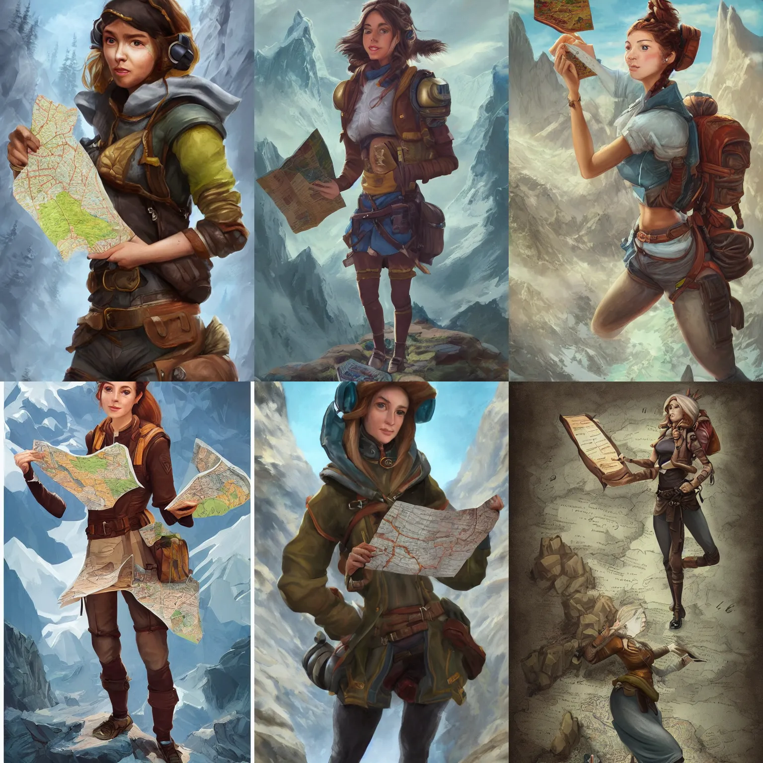 Image similar to A portrait of a female explorer holding a map, full body shot, fantasy, mountainous terrain, action shot, trending on artstation