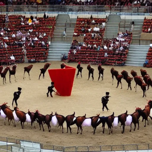 Image similar to evocative by stephanie rew. a installation art of a bullfight in spain. the installation art is set in an arena with spectators in the stands. several figures in the installation art, including a matador & a bull.