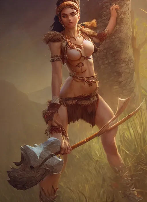 Image similar to nidalee with a spear, au naturel, hyper detailed, digital art, trending in artstation, cinematic lighting, studio quality, smooth render, unreal engine 5 rendered, octane rendered, art style by klimt and nixeu and ian sprigger and wlop and krenz cushart