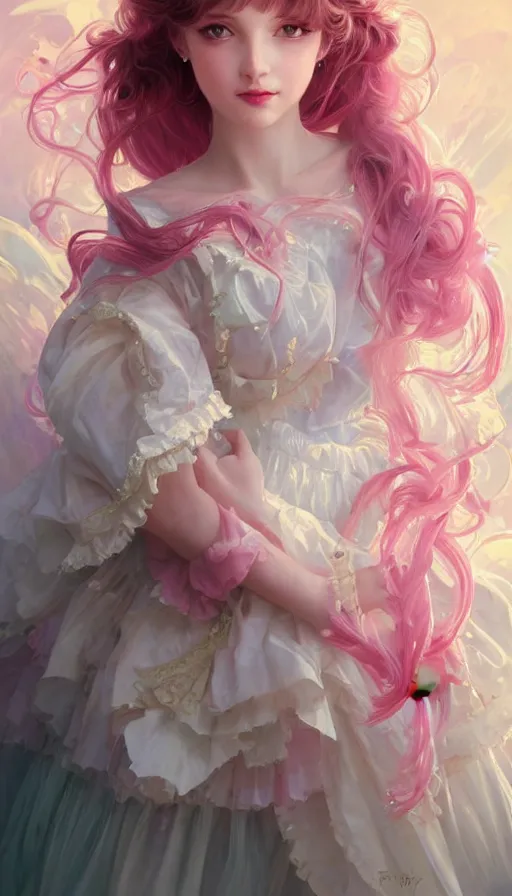 Prompt: portrait of magical lolita girl, dreamy and ethereal, expressive pose, pink eyes, peaceful expression, ornate frilly dress, fantasy, intricate, elegant, many rainbow bubbles, highly detailed, digital painting, artstation, concept art, smooth, sharp focus, illustration, art by artgerm and greg rutkowski and alphonse mucha