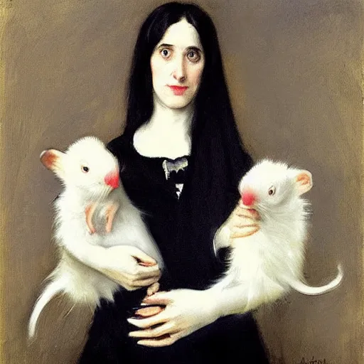 Image similar to “ a portrait of a dark haired girl holding an albino rat, very detailed, oil painting, madame x, dark background, by of john singer sargent ”