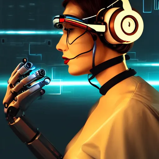 Image similar to retro vintage sci - fi, female cyborg robot wearing vr headset, 3 d illutration, profile portrait, night, detailed, cyberpunk style,