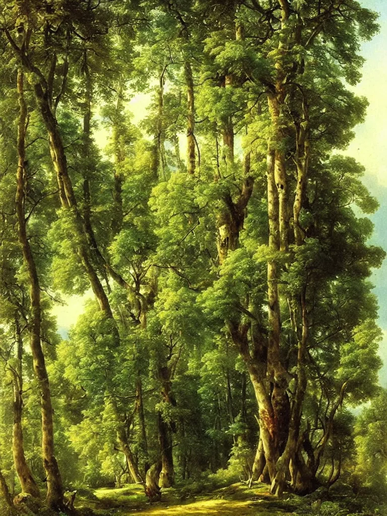 Image similar to Beautiful treehouse in a ((lush green forest)) by ivan shishkin and aivazovsky, oil on canvas, highly detailed, masterpiece