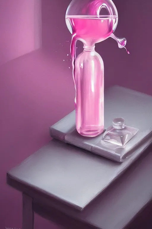 Image similar to Concentrated Potion Bottle of Pink Liquid on a Table, Pink Vapor is leaking from the top, digital art, illustration by WLOP, fantasy, magic