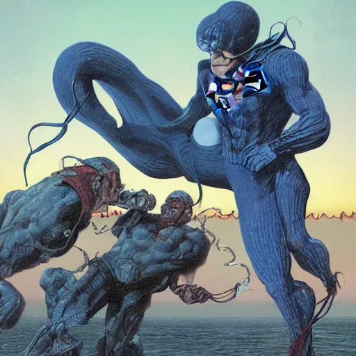 Image similar to squid monsters fighting superman, by Wayne Barlowe