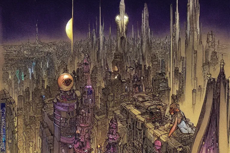 Prompt: fantasy illustration, Night City on Coruscant by m w kaluta