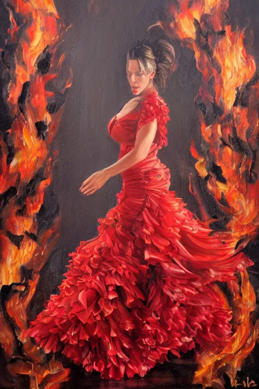 Image similar to detailed oil painting of kate beckinsale as spanish flamenco dancer wearing a red dress made of flowers, engulfed in flames, she's standing waist deep in water, dimly lit, looking away, dark shadows, ethereal, foggy, moody, surreal, high definition, 4 k, slr