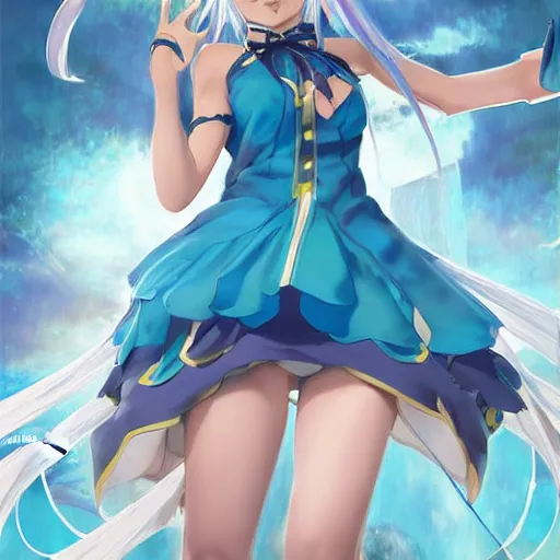 Image similar to aqua from konosuba, blue dress, digital art, by aramaki shinji, by artgerm, by cushart krenz, by wlop, colorful, insanely detailed and intricate, hypermaximalist, elegant, ornate, hyper realistic, super detailed