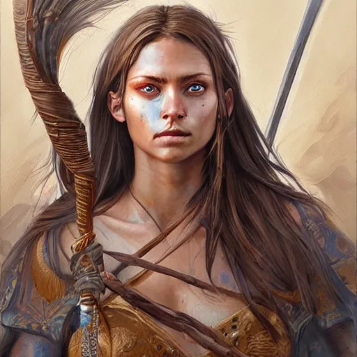 Prompt: highly detailed painting of a warrior goddess with tan skin, blue eyes, and brown hair high fantasy art by jon foster trending on arstation