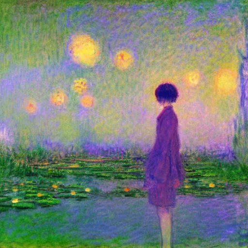 Prompt: a serial experiments lain inspired Claude Monet scenery artwork