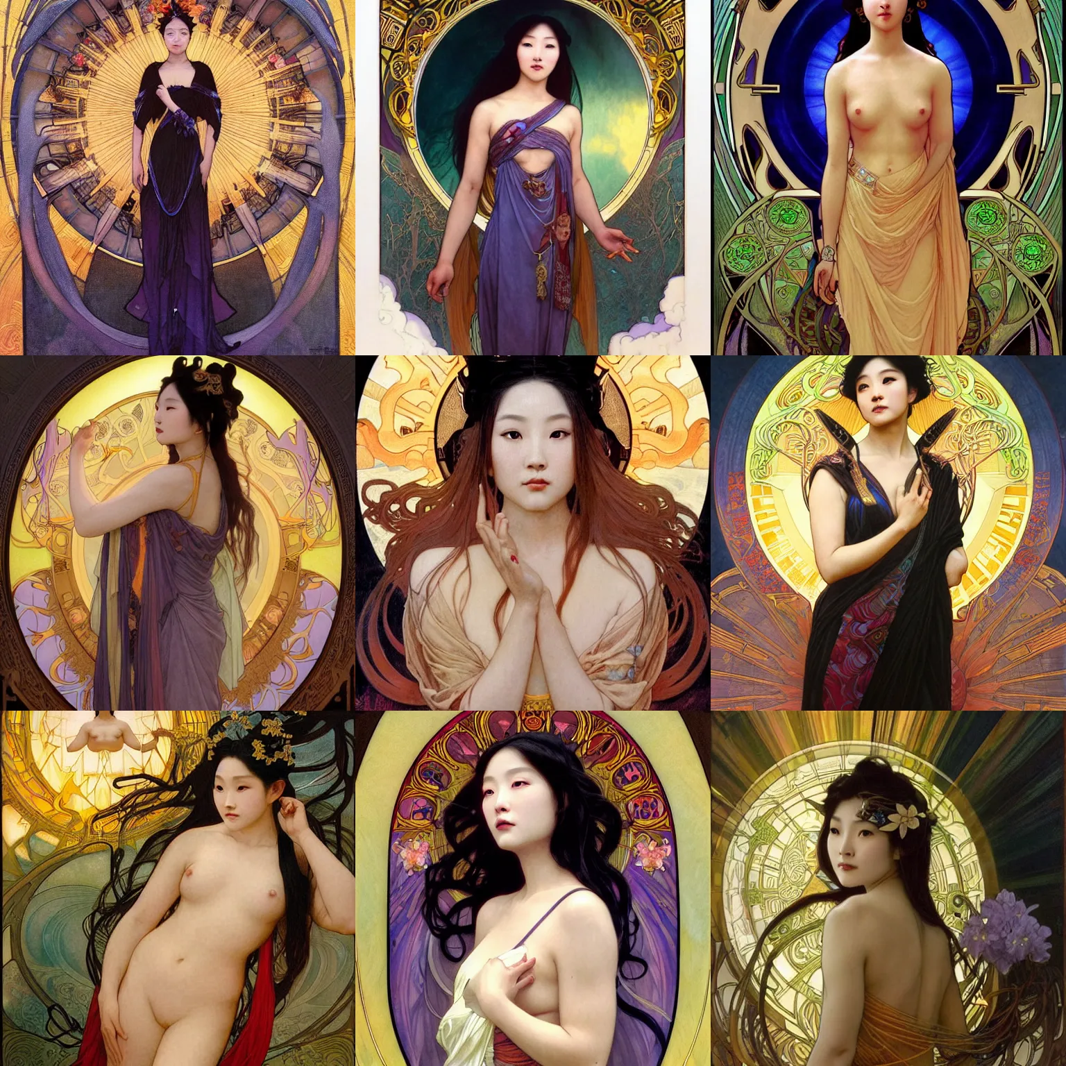 Prompt: stunning, breathtaking, awe-inspiring award-winning concept art nouveau painting of attractive Cynthy Wu as the goddess of the sun, with anxious, piercing eyes, by Alphonse Mucha, Michael Whelan, William Adolphe Bouguereau, John Williams Waterhouse, and Donato Giancola, cyberpunk, extremely moody lighting, glowing light and shadow, atmospheric, cinematic, 8K