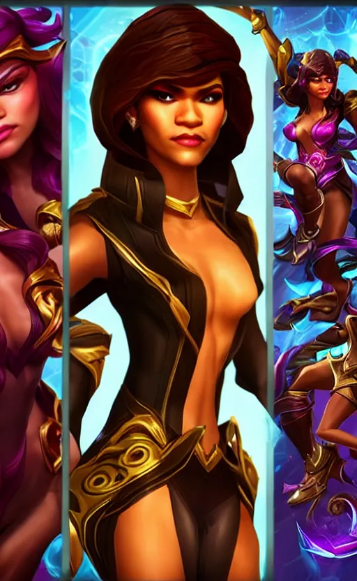 Image similar to Zendaya as a character in the game League of Legends, with a background based on the game League of Legends, detailed face, old 3d graphics