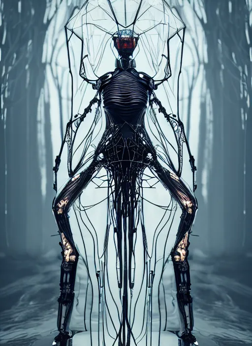 Image similar to catwalk, forest, iris van herpen gothic inflateble dark dress, perfect symmetrical body, helmet on face, full body shot, inflateble shapes, wires, tubes, veins, jellyfish, white biomechanical details, wearing epic bionic cyborg implants, masterpiece, intricate, biopunk, vogue, highly detailed, artstation, concept art, cyberpunk, octane render