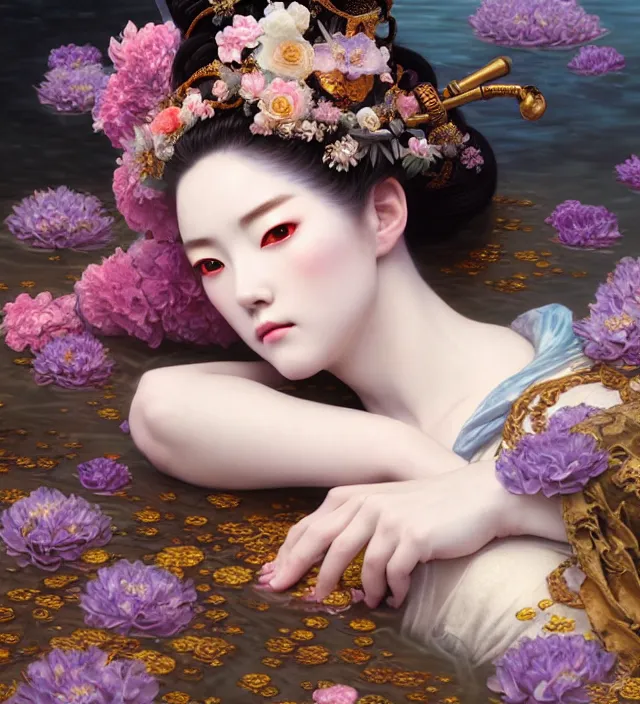 Prompt: baroque portrait of one geisha woman of porcelain skin with steampunk elements lying down in a river made of thousand of flowers, cinematic lighting, photorealistic, octane render, 8 k, depth of field, art by artgerm and greg rutkowski and alphonse mucha and uang guangjian