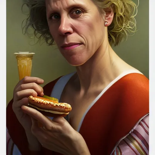 Prompt: portrait of frances mcdormand eating hamburgers, extra onions and ketchup, luscious patty with sesame seeds, feminine ethereal, handsome, d & d, fantasy, intricate, elegant, highly detailed, digital painting, artstation, concept art, matte, sharp focus, illustration, art by artgerm and greg rutkowski and alphonse mucha